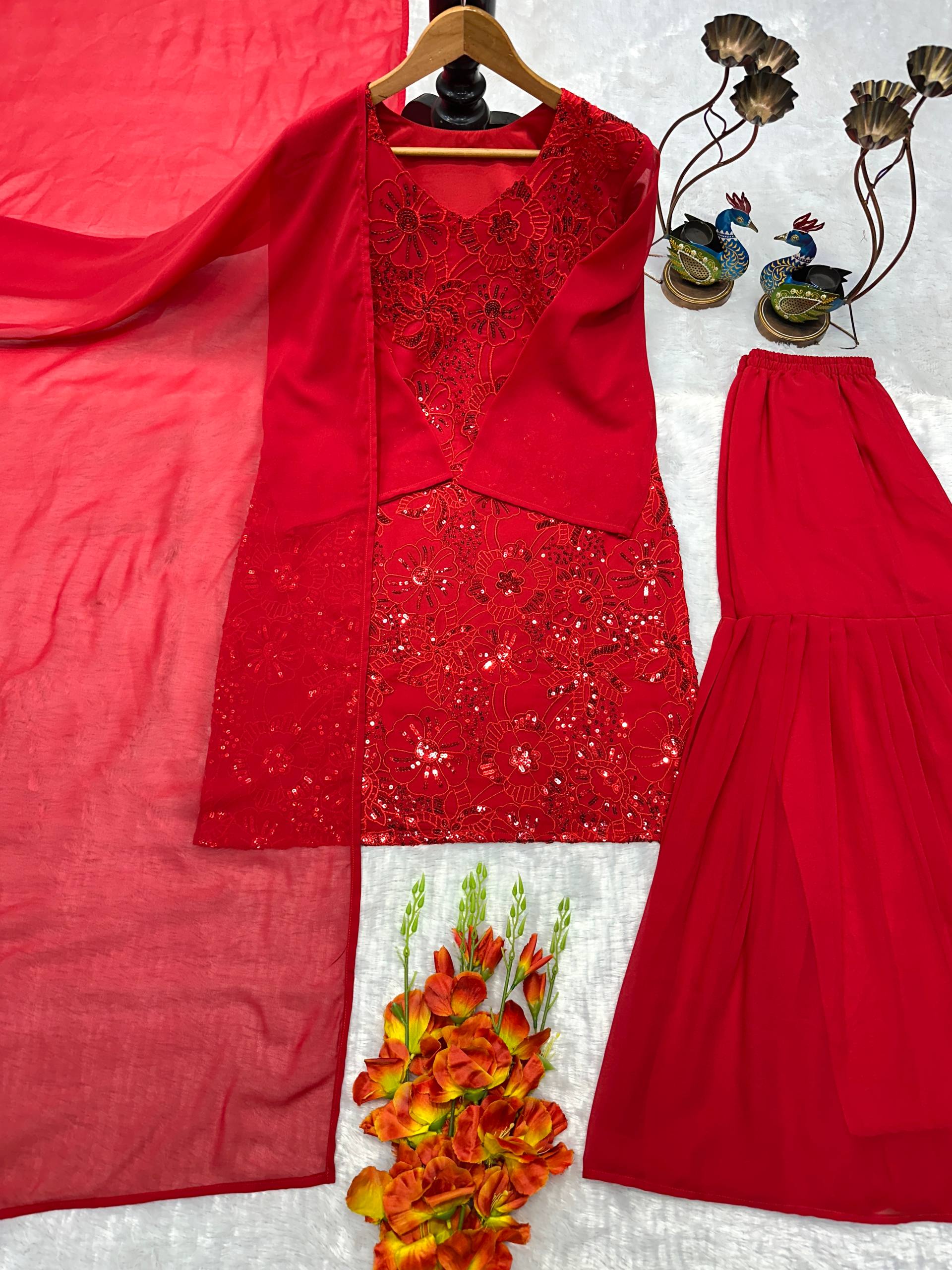 Opulent Red Bell-Sleeve Couture